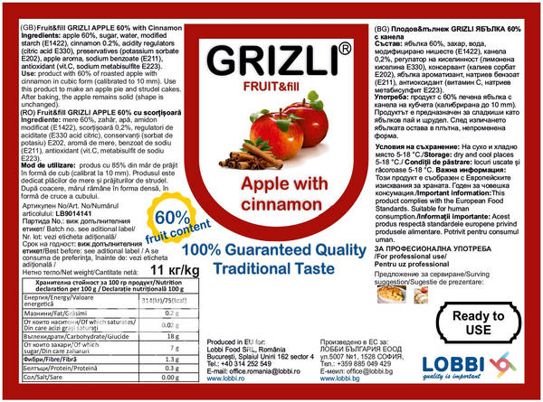 GRIZLI FRUIT&fill 60% Roasted Apple & Cinnamon Плодов пълнеж Яб